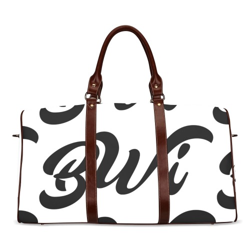 BWi Travel Bag: White w/Black Font (Brown Leather Straps) Waterproof Travel Bag/Large (Model 1639)