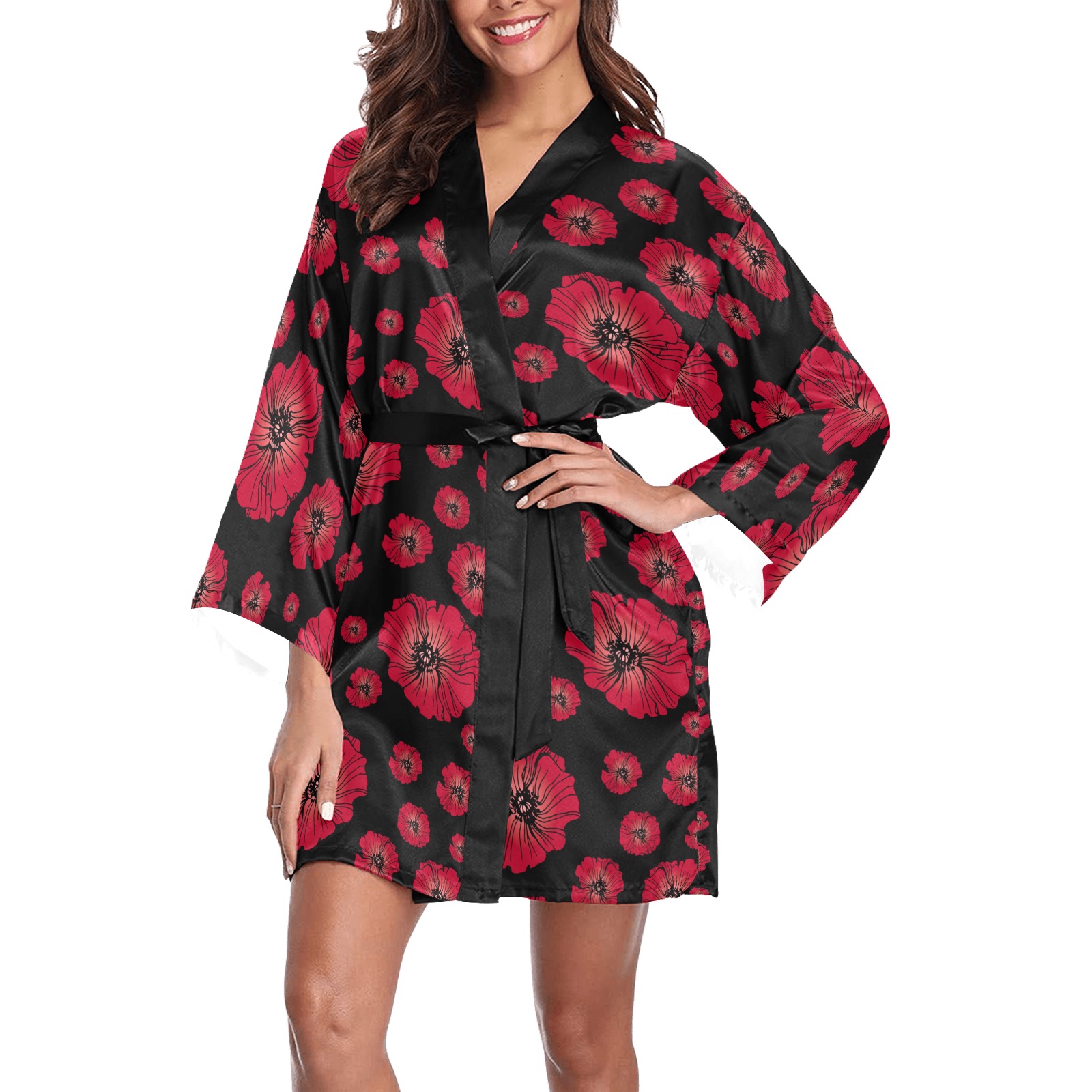 Ô Scarlet Poppies Scatter on Black Long Sleeve Kimono Robe