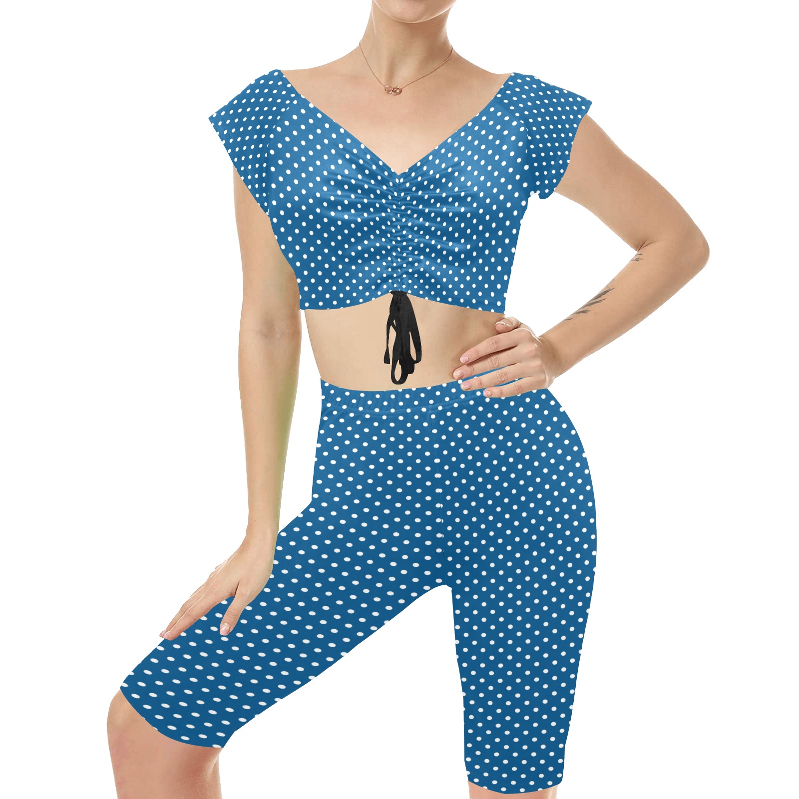 Classic Blue and White Polka Dots Women's Crop Top Yoga Set