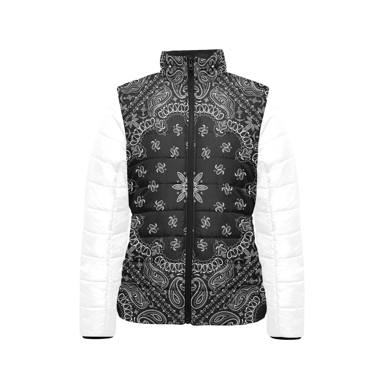 Black Bandanna Paisley Pattern / White Women's Stand Collar Padded Jacket (Model H41)
