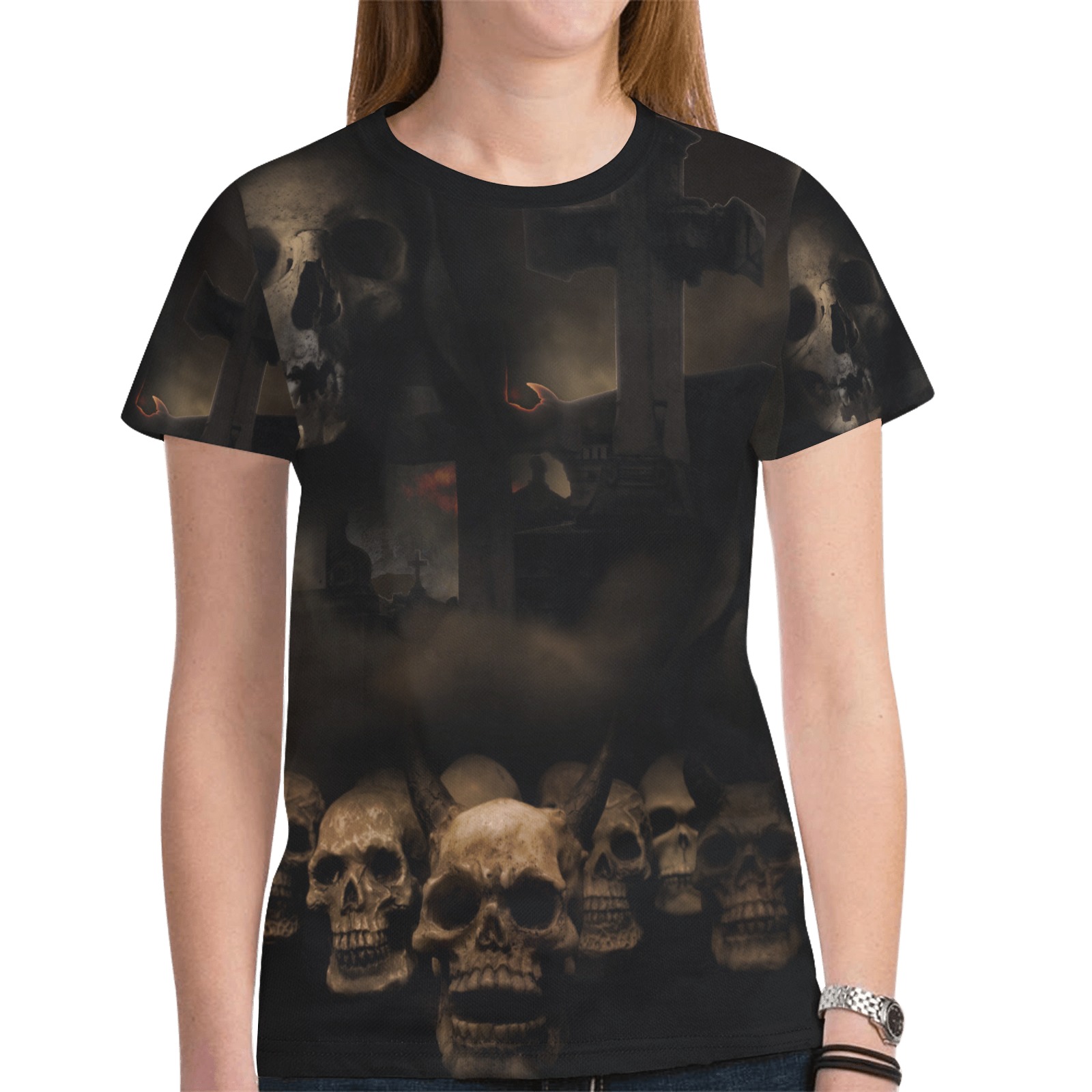 Gothic Skulls at Cemetery Halloween New All Over Print T-shirt for Women (Model T45)