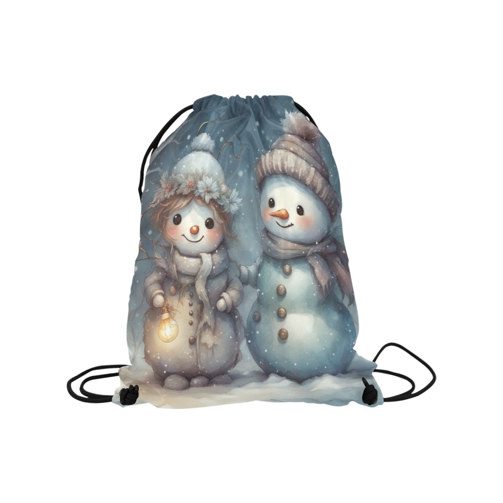 Snowman Couple Medium Drawstring Bag Model 1604 (Twin Sides) 13.8"(W) * 18.1"(H)
