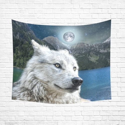 White Wolf and Moonlight Cotton Linen Wall Tapestry 60"x 51"