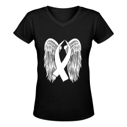 Winged Awareness Ribbon (White) Women's Deep V-neck T-shirt (Model T19)