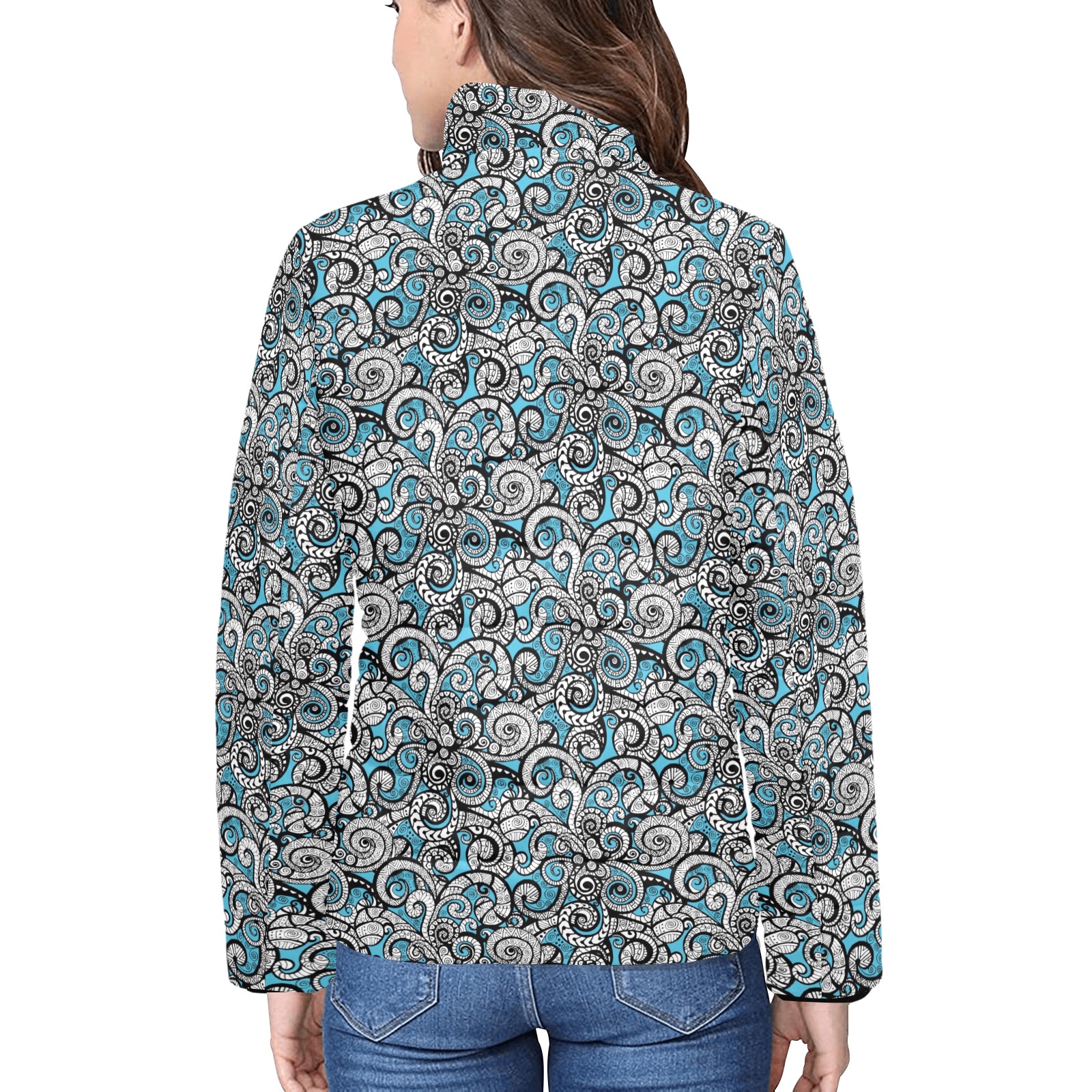 Let Your Spirit Wander in Teal Blue Women's Stand Collar Padded Jacket (Model H41)