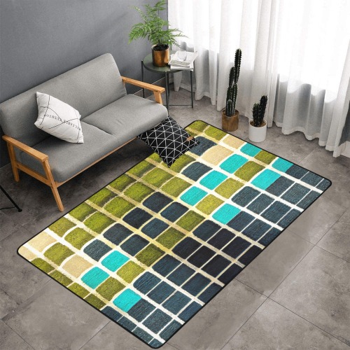 tile style, light and dark green, black and turquoise Area Rug with Black Binding 7'x5'