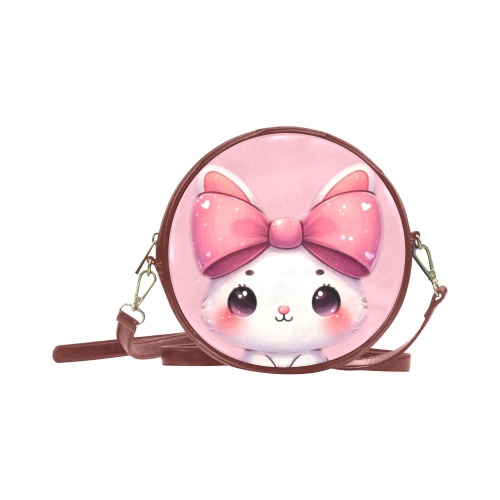 Pink bow bunny brown shoulder bag Round Sling Bag (Model 1647)