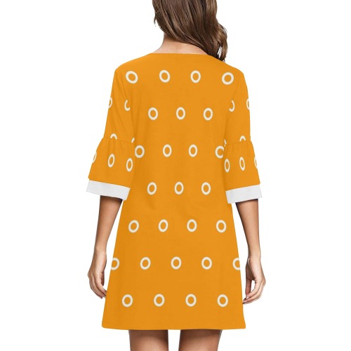 Orange with White Circles Half Sleeves V-Neck Mini Dress (Model D63)