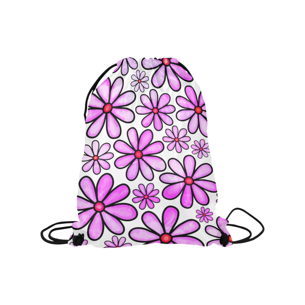 Pink Watercolor Doodle Daisy Flower Pattern Medium Drawstring Bag Model 1604 (Twin Sides) 13.8"(W) * 18.1"(H)