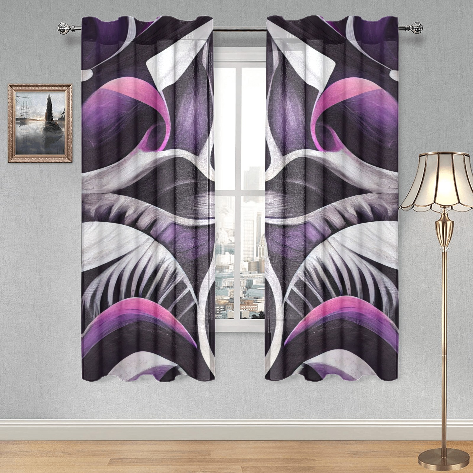 purple, black and white abstract pattern Gauze Curtain 28"x63" (Two-Piece)