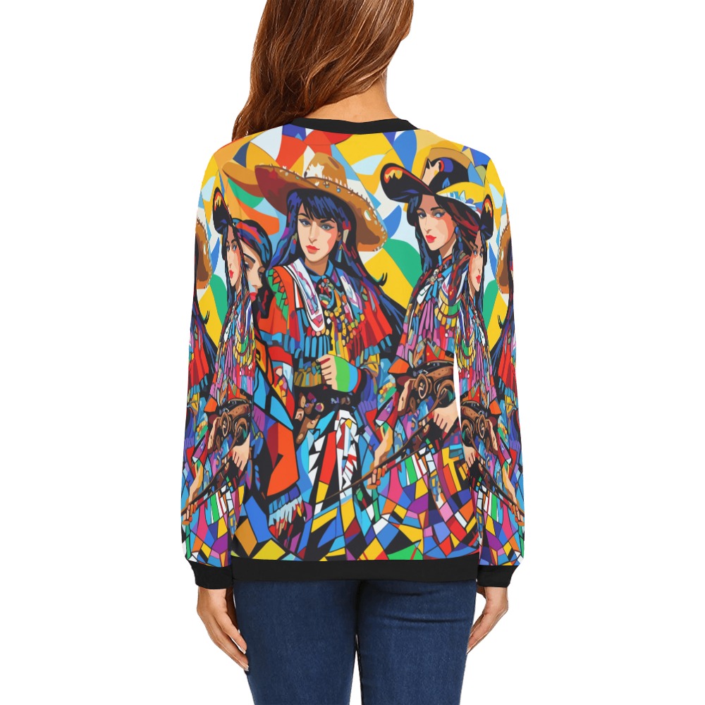 Three colorful cowgirls. Abstract geometric art. All Over Print Crewneck Sweatshirt for Women (Model H18)