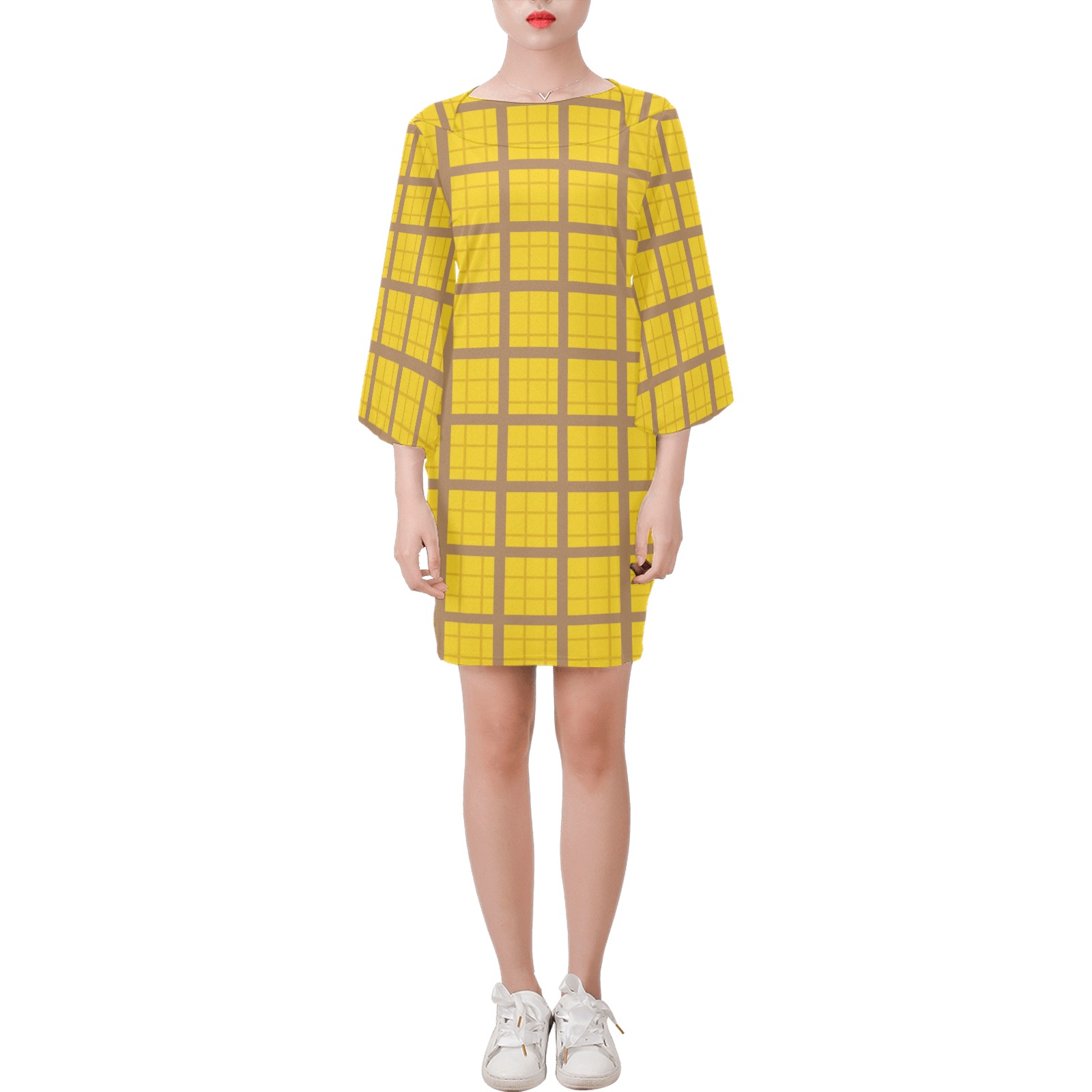 mustard and brown Bell Sleeve Dress (Model D52)