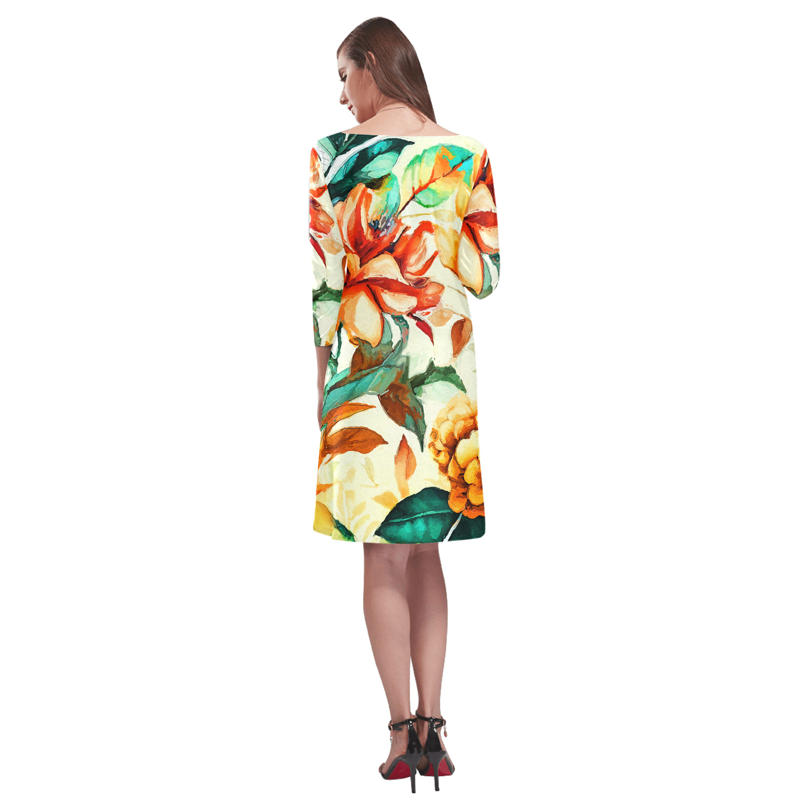 flowers botanic art (1) dress fashion Rhea Loose Round Neck Dress(Model D22)