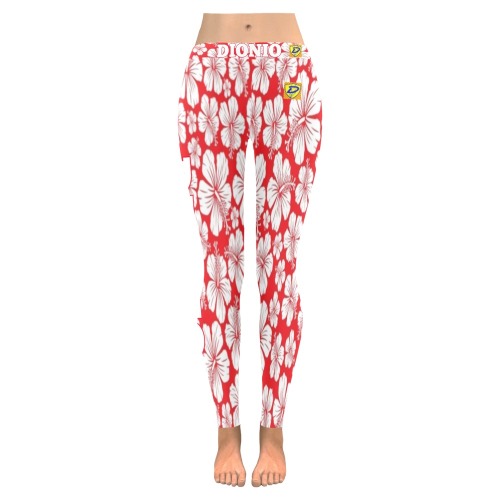DIONIO Clothing - Ladies' White Flowers & Red Leggings Women's Low Rise Leggings (Invisible Stitch) (Model L05)