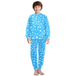 Christmas White Snowflakes on Light Blue Big Boys' Crew Neck Long Pajama Set