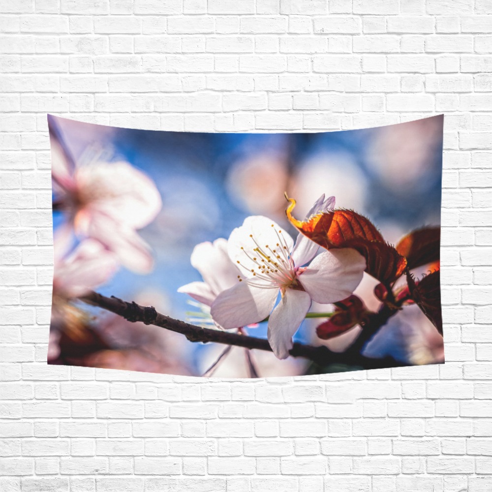 Sunlit sakura cherry flower in the tree shadow. Polyester Peach Skin Wall Tapestry 90"x 60"