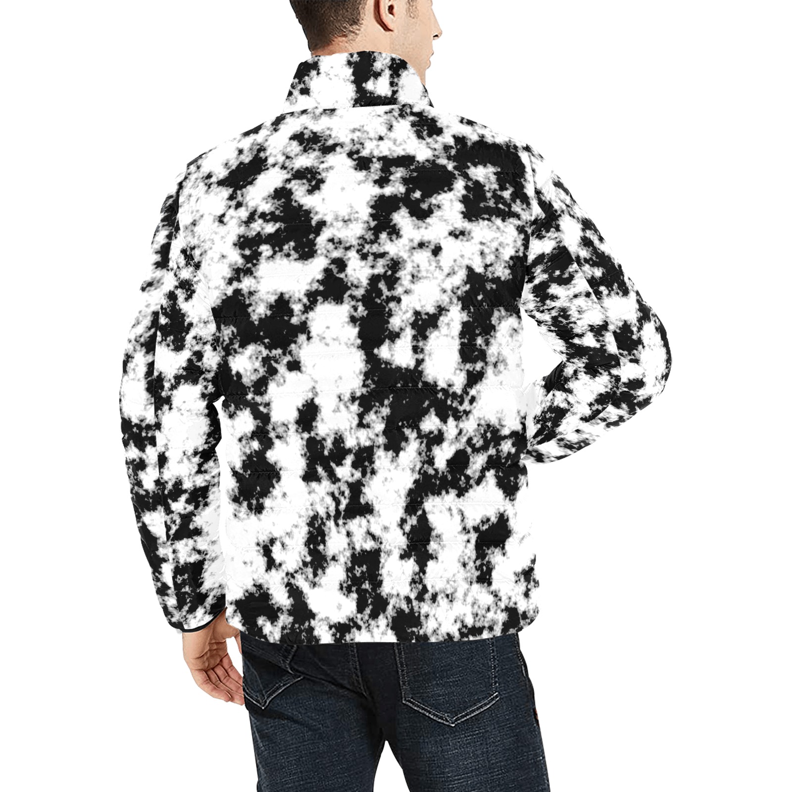Abstract Scattered Grunge Dye Black White Men's Stand Collar Padded Jacket (Model H41)