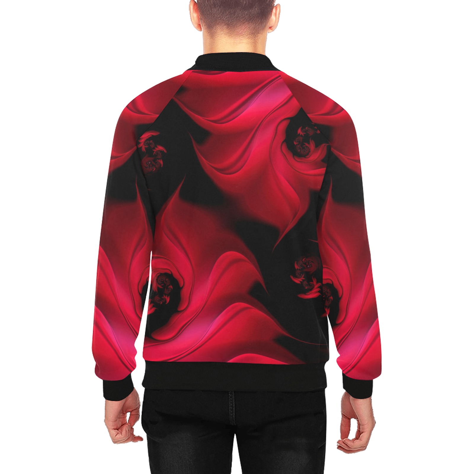 Black and Red Fiery Whirlpools Fractal Abstract Men's All Over Print Baseball Jacket (Model H26)