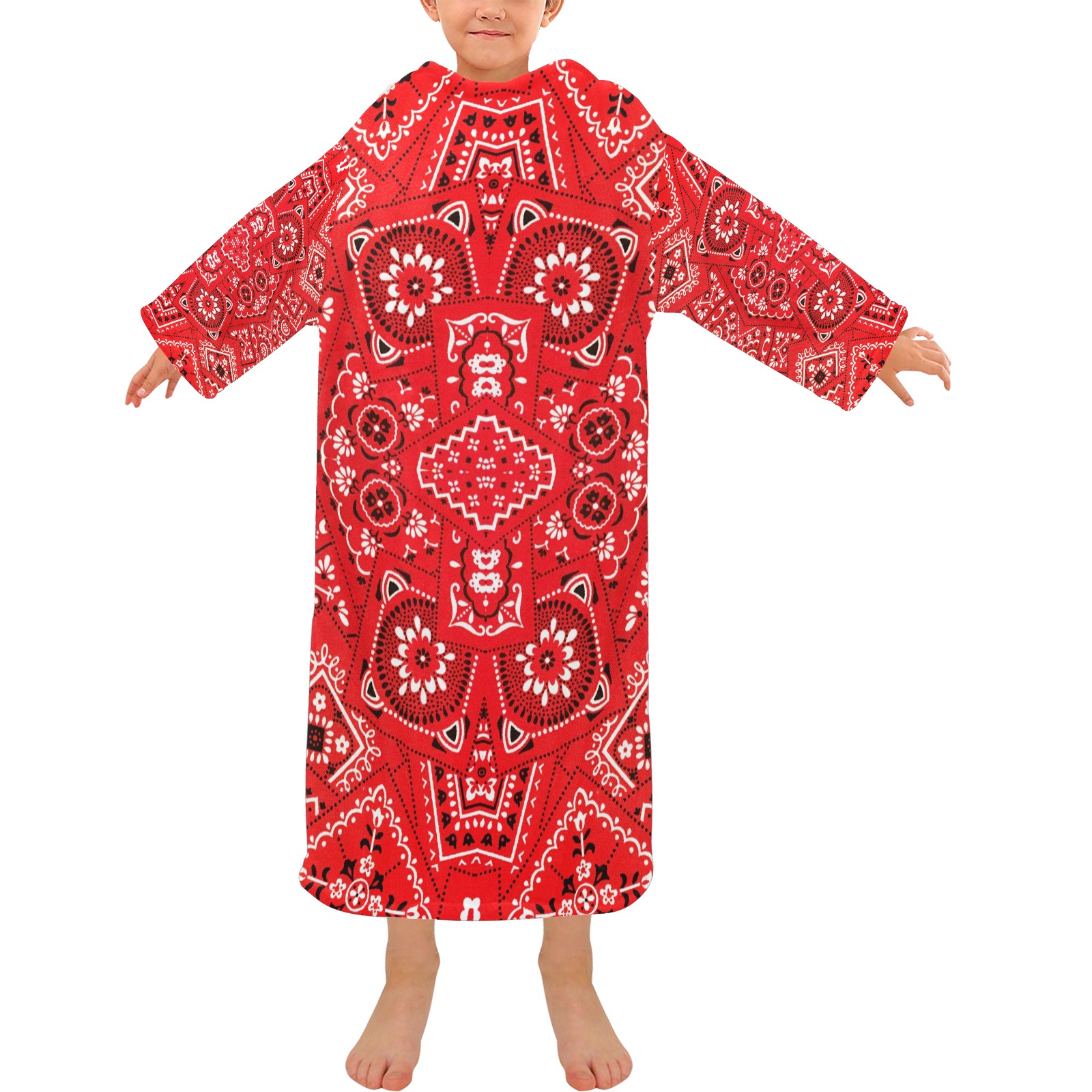 Red Bandana Squares Blanket Robe with Sleeves for Kids