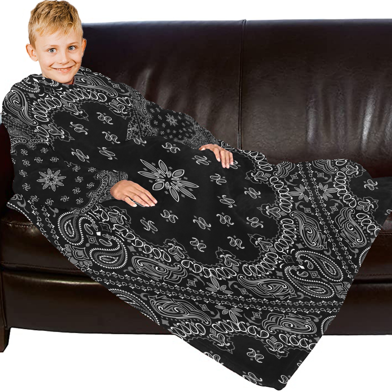 Black Bandanna Pattern Blanket Robe with Sleeves for Kids