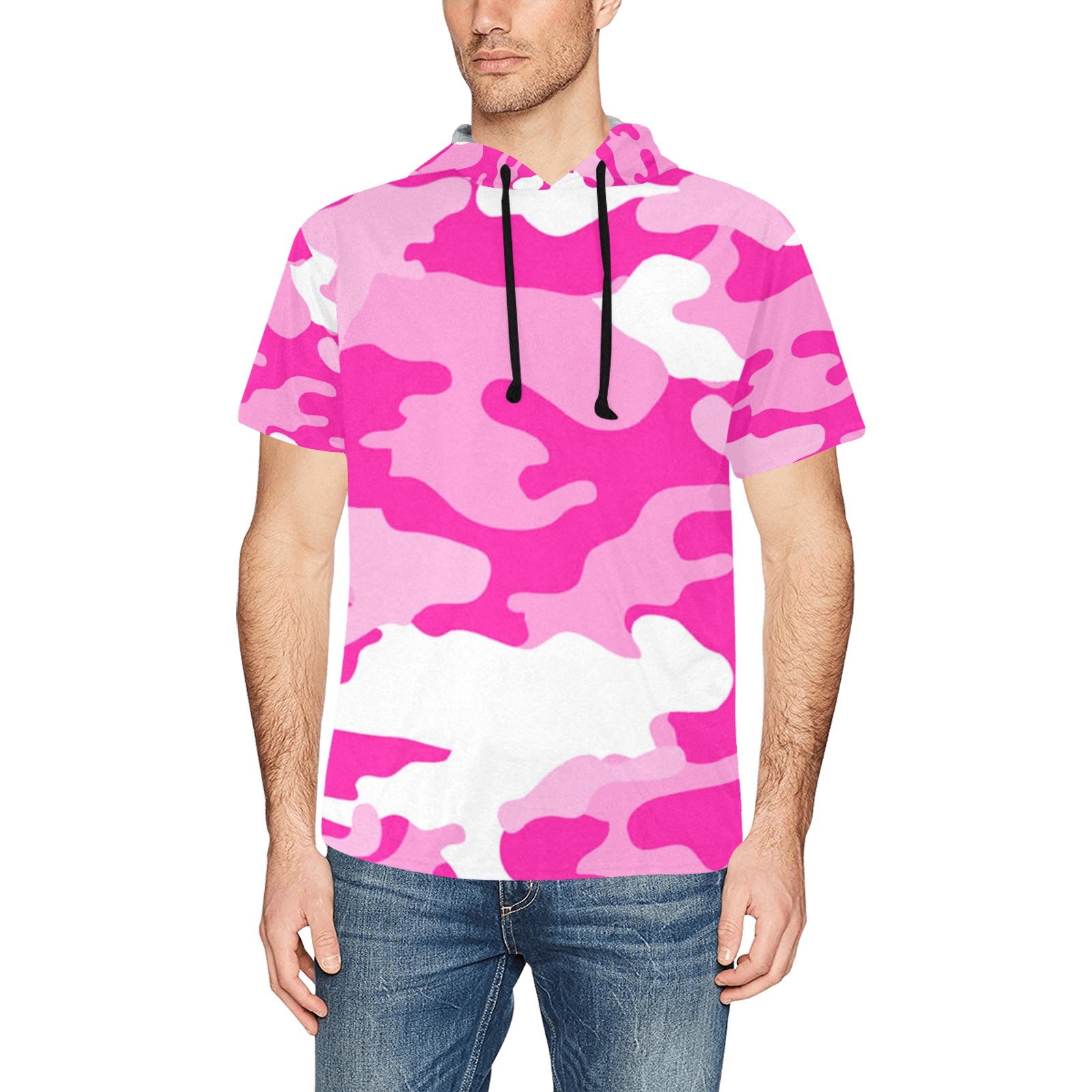 RR Men's Cooling Performance Short Sleeve Hooded Tee - Pink Camo All Over Print Short Sleeve Hoodie for Men (Model H32)
