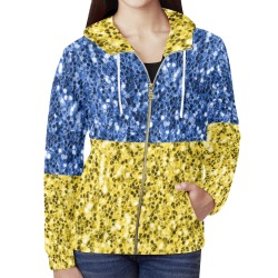 Blue yellow Ukraine flag glitter faux sparkles All Over Print Full Zip Hoodie for Women (Model H14)