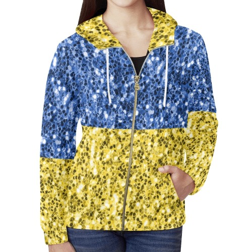 Blue yellow Ukraine flag glitter faux sparkles All Over Print Full Zip Hoodie for Women (Model H14)