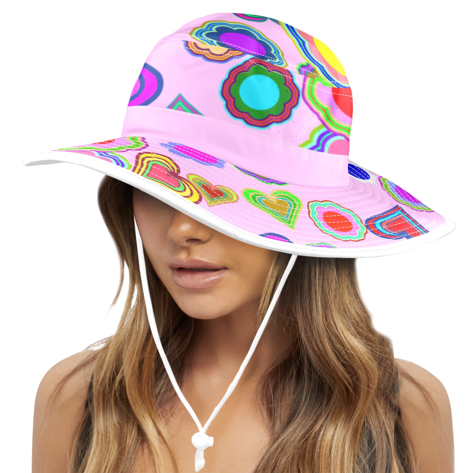 Groovy Hearts and Flowers Pink Wide Brim Bucket Hat