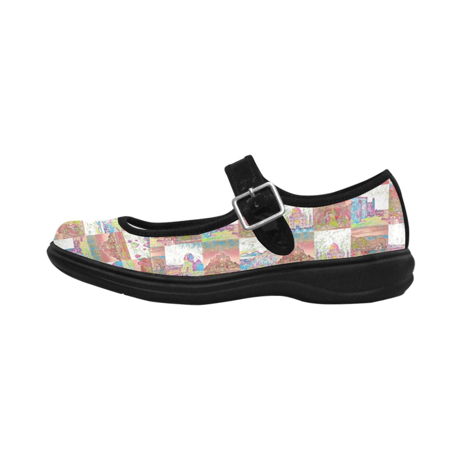 Big Pink and White World travel Collage Pattern Mila Satin Women's Mary Jane Shoes (Model 4808)