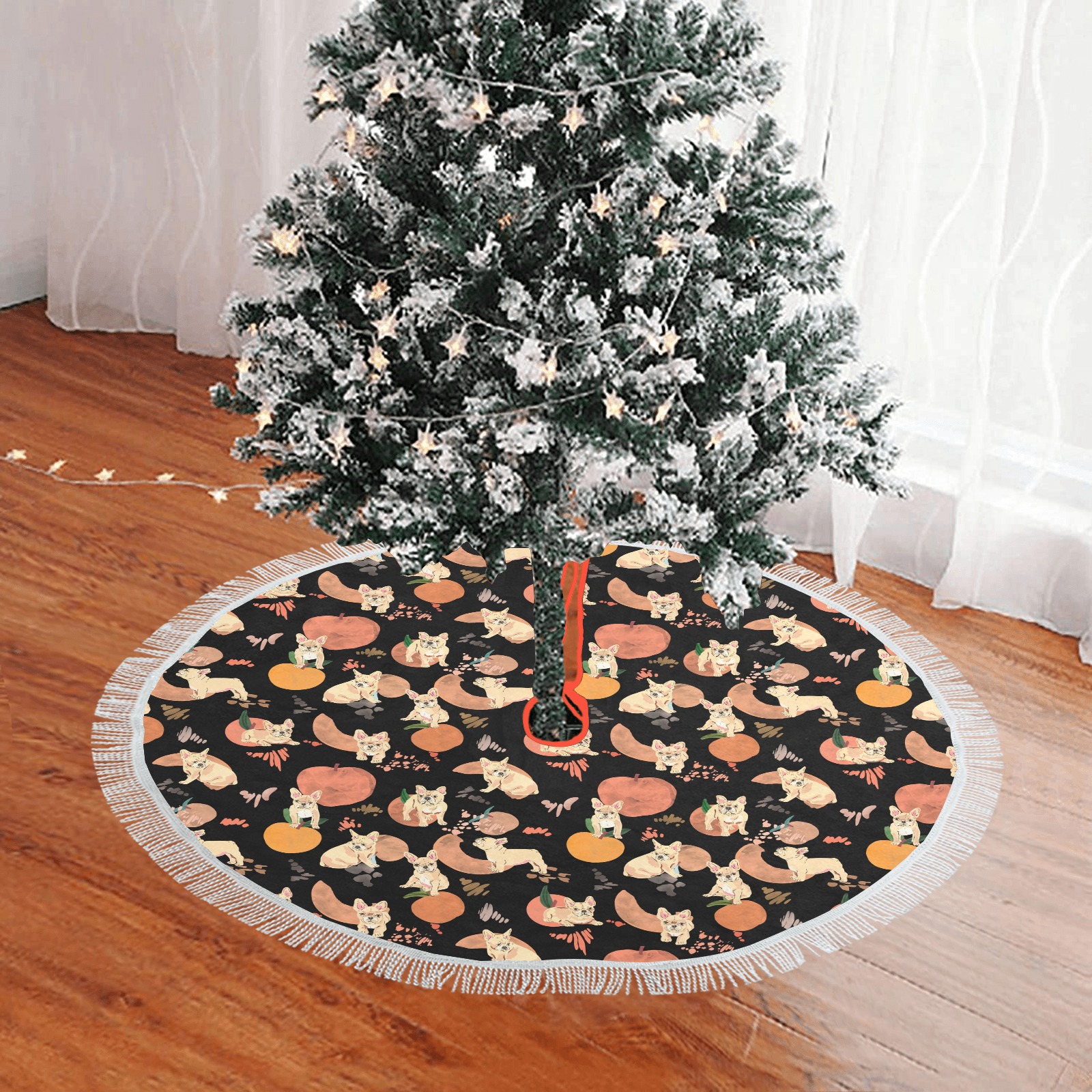 Puppies in the peaches B-02 Thick Fringe Christmas Tree Skirt 36"x36"