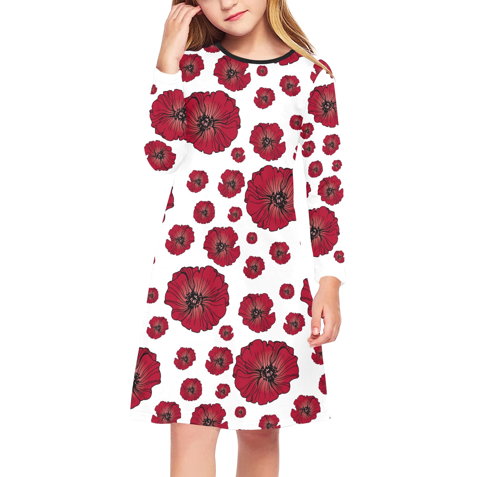 Ô Scarlet Poppy Scatter Girls' Long Sleeve Dress (Model D59)