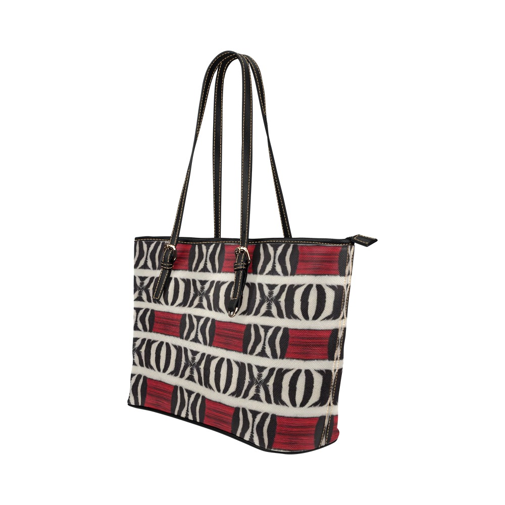 repeating pattern black and white zebra print with red Leather Tote Bag/Large (Model 1651)