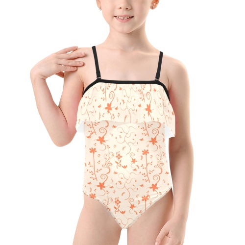 Living Coral Floral Pattern Kids' Spaghetti Strap Ruffle Swimsuit (Model S26)