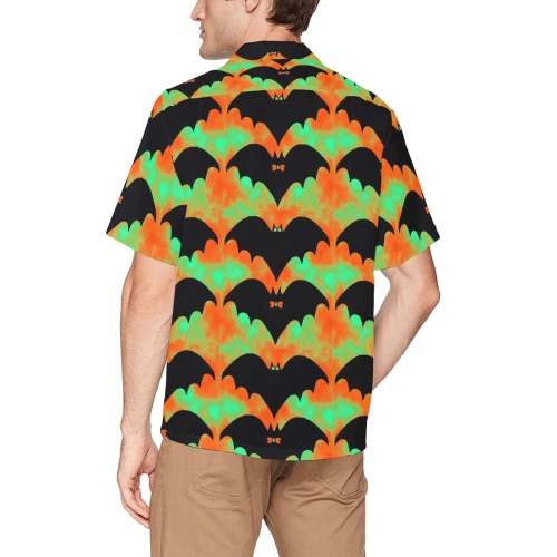 Bats And Bows Orange Green Hawaiian Shirt with Chest Pocket (Model T58)