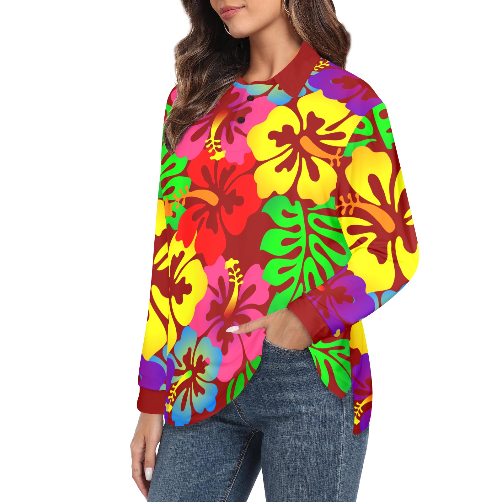 Hibiscus Hawaiian Flowers / Red Women's Long Sleeve Polo Shirt (Model T73)