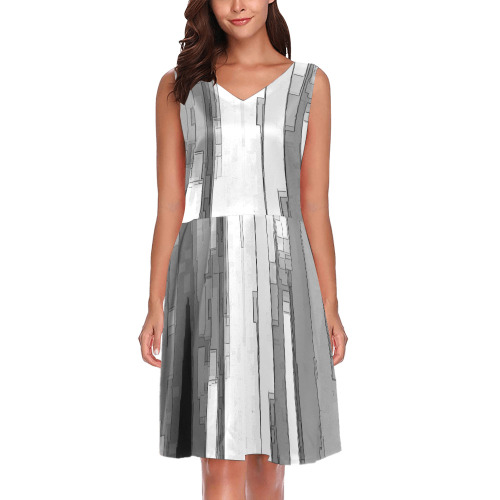 Greyscale Abstract B&W Art Chryseis Sleeveless Pleated Dress(Model D07)