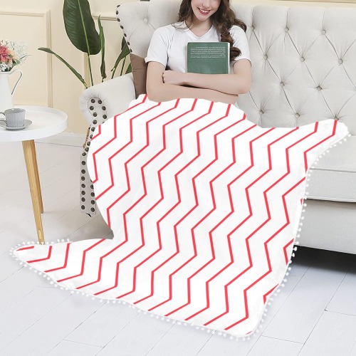 White red chevron vertical lines pattern Pom Pom Fringe Blanket 60"x80"