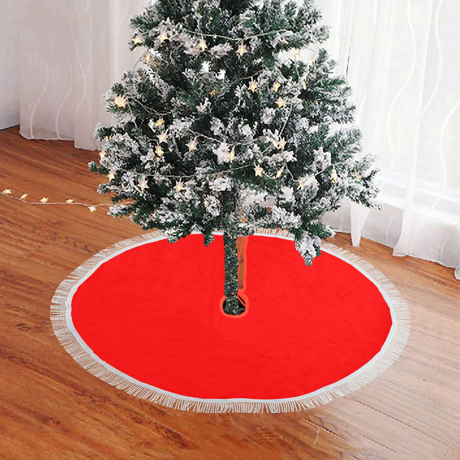 Merry Christmas Red Solid Color Thick Fringe Christmas Tree Skirt 30"x30"