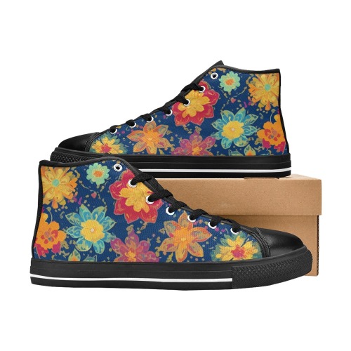 Fantasy floral pattern of colorful flowers on dark Women's Classic High Top Canvas Shoes (Model 017)