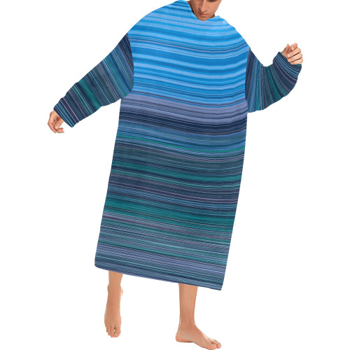 Abstract Blue Horizontal Stripes Blanket Robe with Sleeves for Adults
