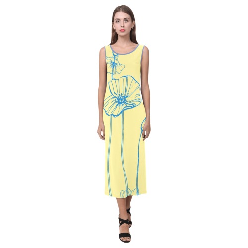 Blue Poppies Long Tank Dress Yellow Phaedra Sleeveless Open Fork Long Dress (Model D08)