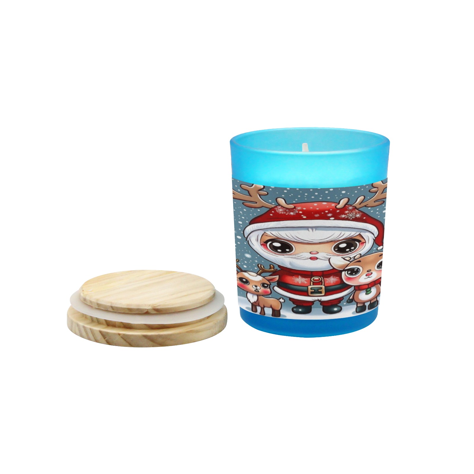 Santa and Reindeer 2 Blue Glass Candle Cup (Wood Sage & Sea Salt)