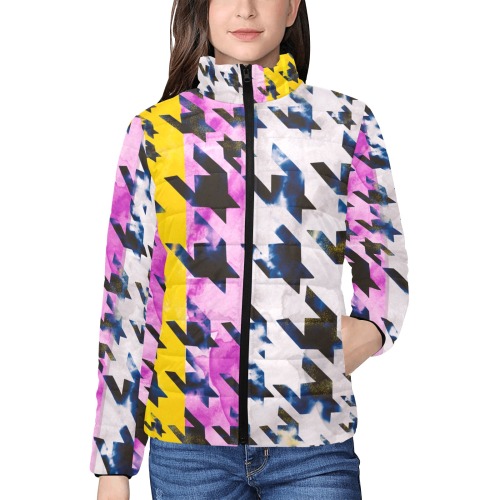 Houndstooth pattern 49HG Women's Stand Collar Padded Jacket (Model H41)