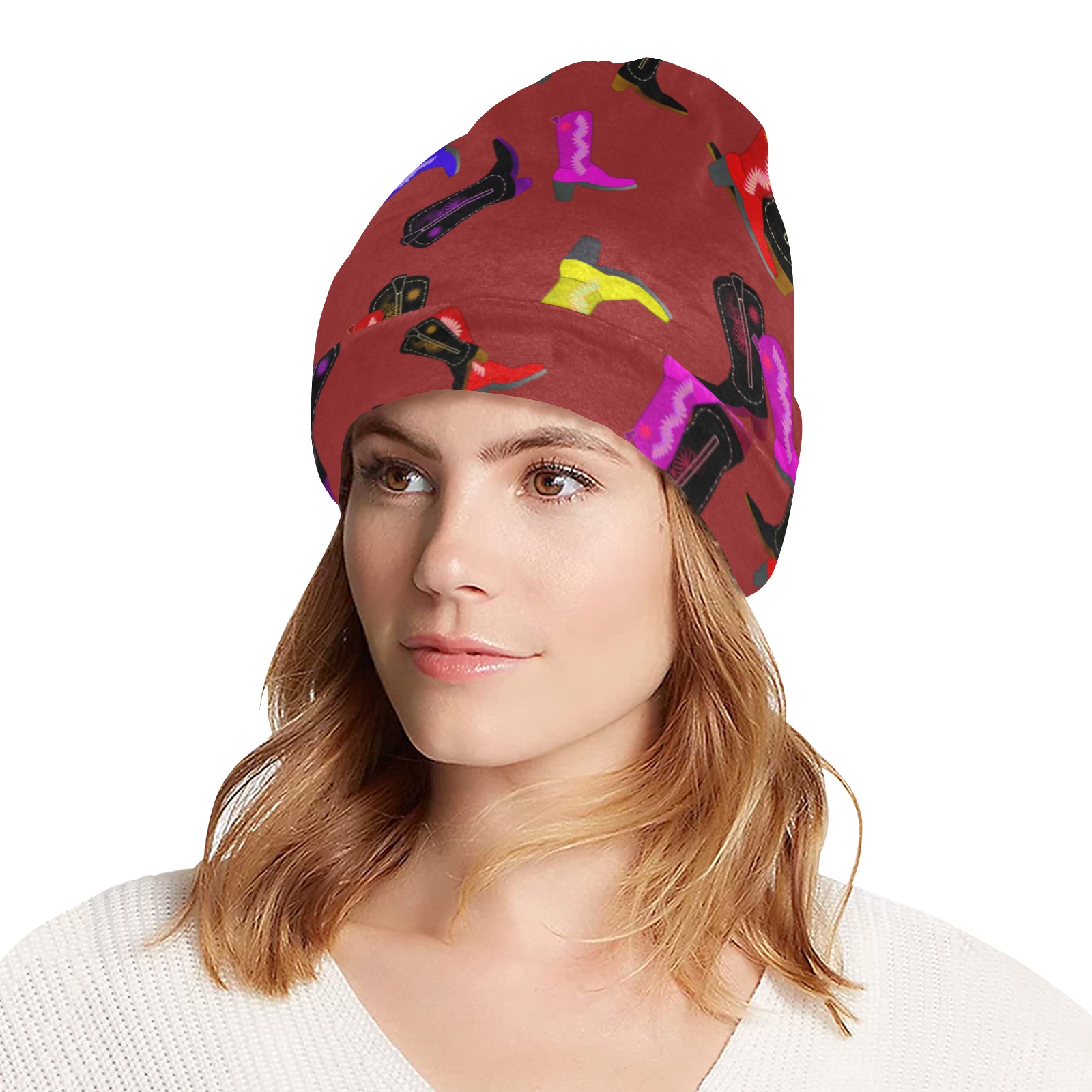 Colorful Cowboy Boots on Red All Over Print Beanie for Adults