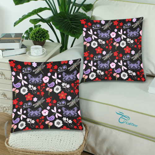 Black, Red, Pink, Purple, Dragonflies, Butterfly and Flowers Custom Zippered Pillow Cases 18"x 18" (Twin Sides) (Set of 2)