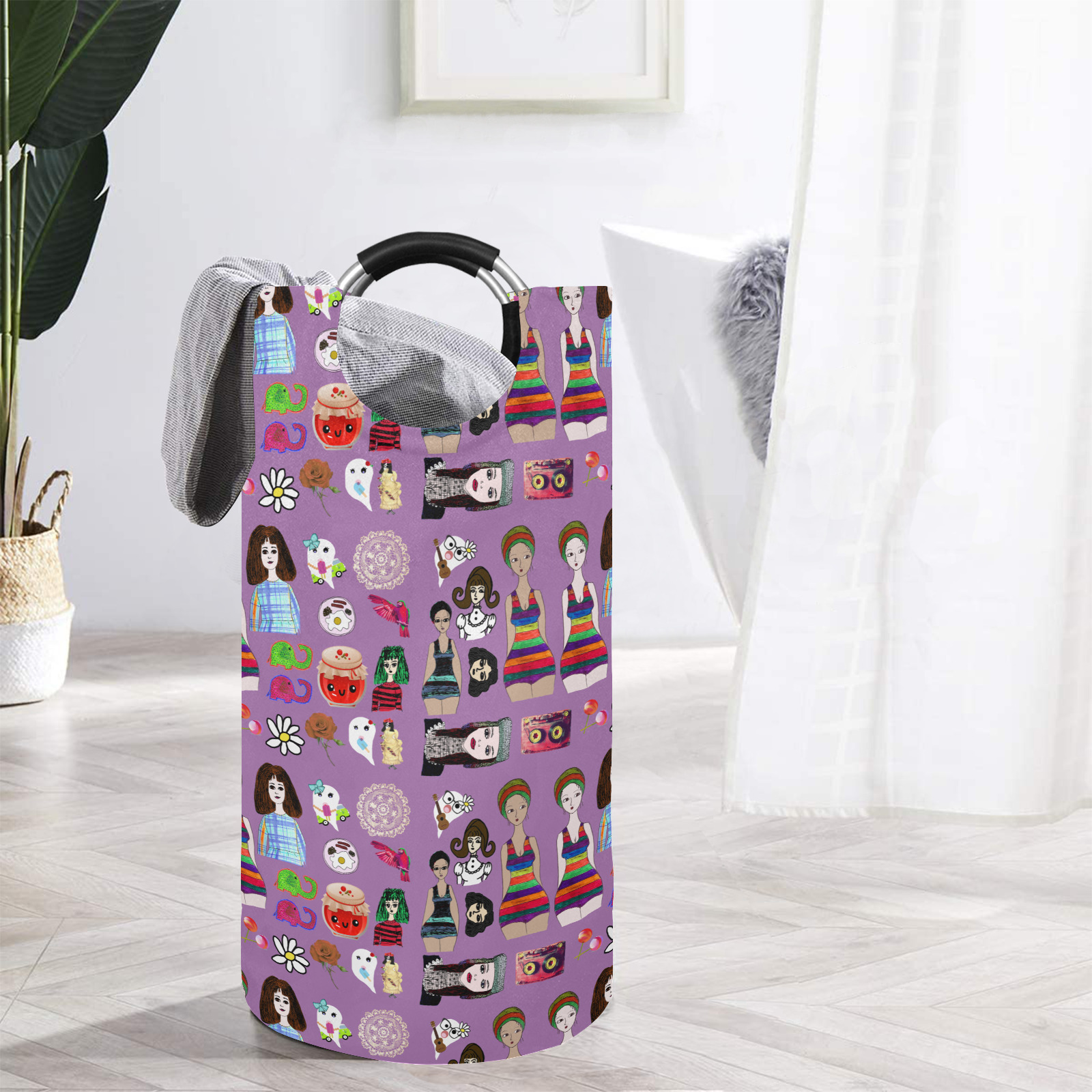 drawing collage purple Round Laundry Bag