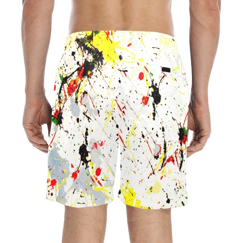 Yellow & Black Paint Splatter Men's Mid-Length Beach Shorts (Model L51)