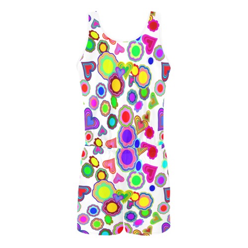 Groovy Hearts and Flowers White All Over Print Vest Short Jumpsuit