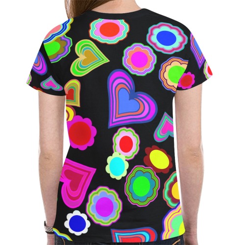Groovy Hearts Flowers Pattern Black New All Over Print T-shirt for Women (Model T45)