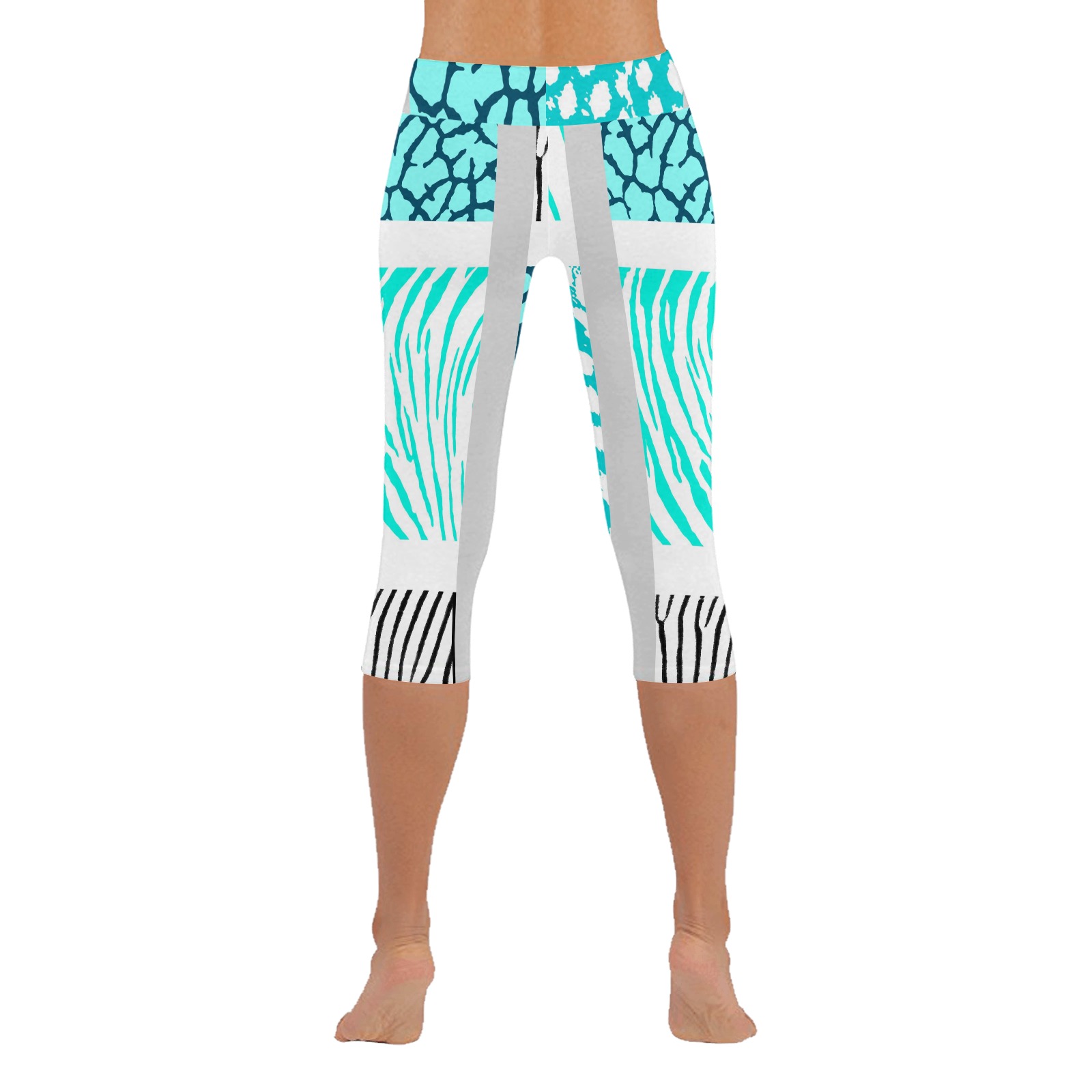 White and Teal Mixed Animal Print Women's Low Rise Capri Leggings (Invisible Stitch) (Model L08)